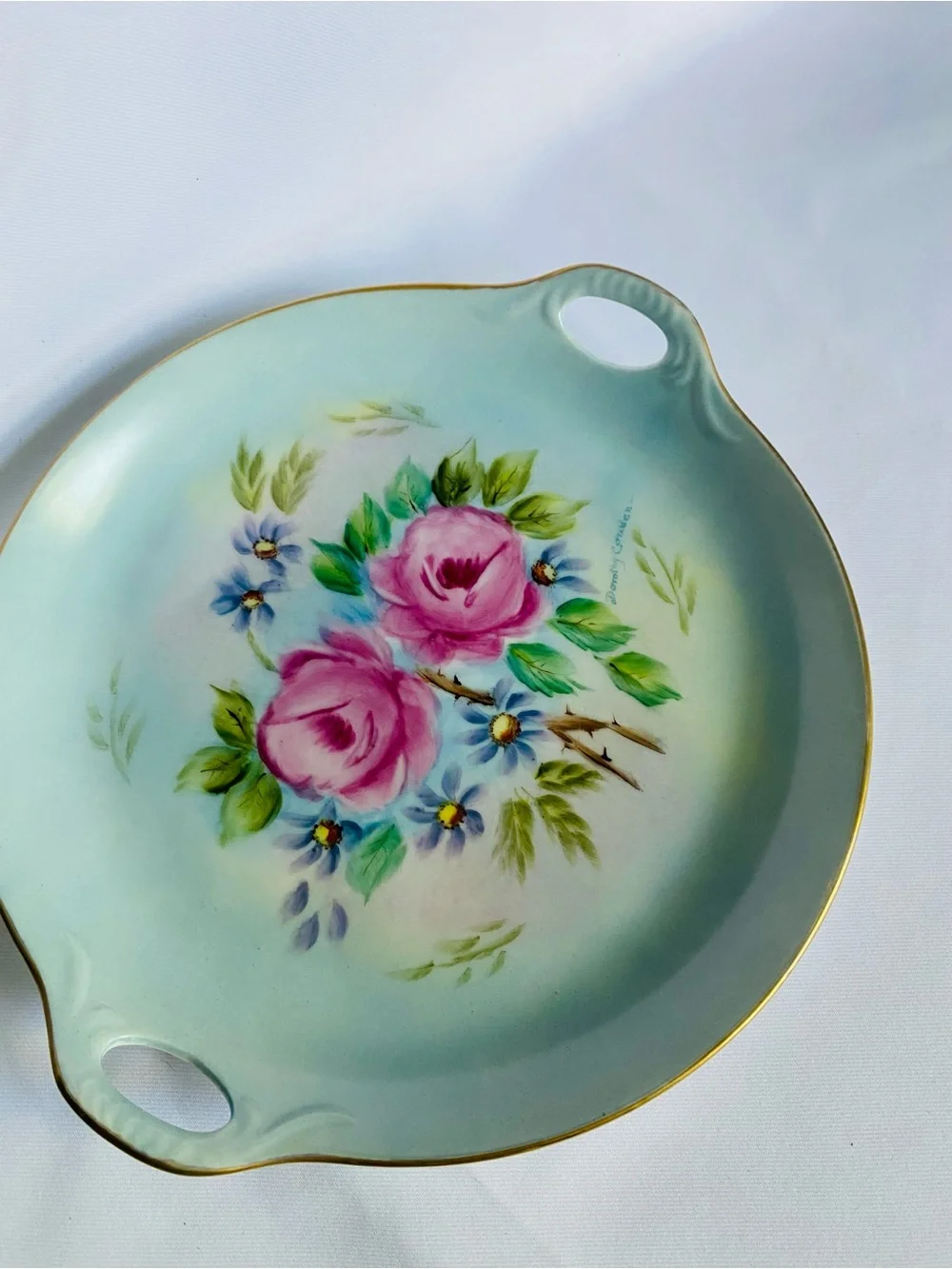 Antique Hand-Painted Porcelain cabinet plate Floral with Gold Trim Signed